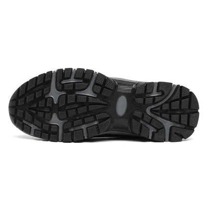 Black men's slip-on outdoor trekking and hiking shoes with rugged soles, designed for trail walking and running in big sizes 48-51.