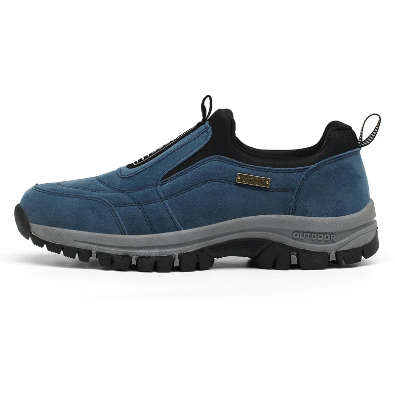 Black men's slip-on outdoor trekking and hiking shoes, trail running sneakers in large sizes 48-51, designed for outdoor activity.