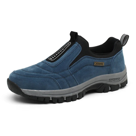 Black men's slip-on outdoor trekking and hiking shoes, trail running sneakers in big sizes 48-51, designed for walking and outdoor activities.