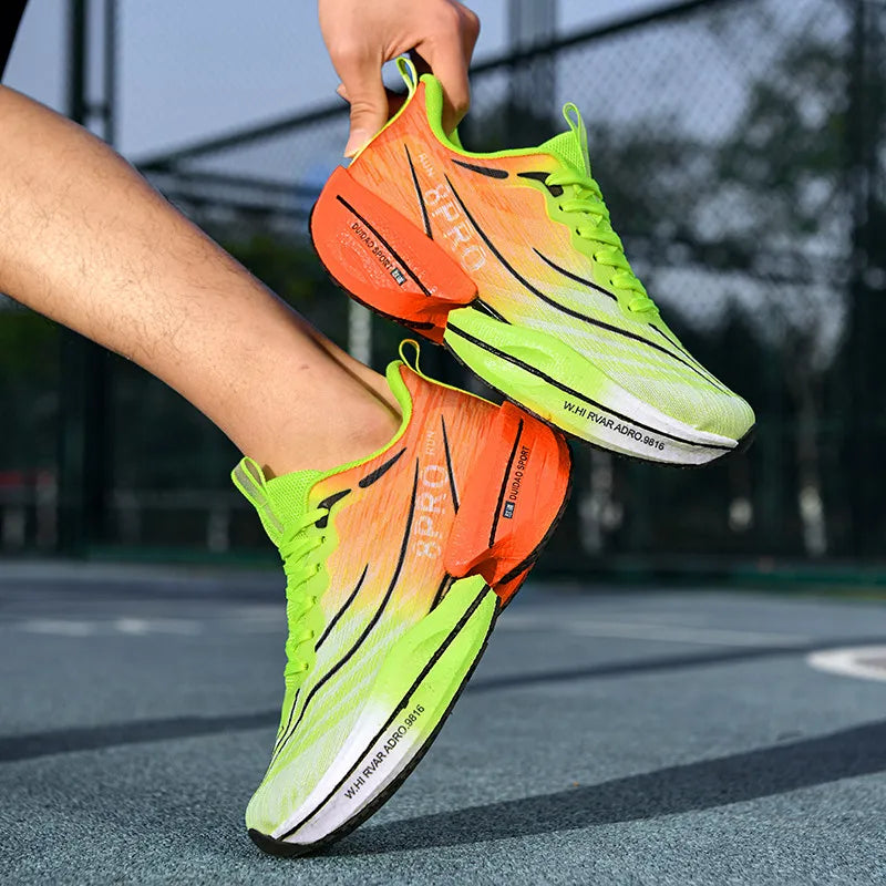 Black men's sports running shoes with breathable mesh, lightweight design, and air cushion for marathon and jogging activities.