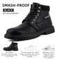 Black breathable safety shoes with anti-smash and puncture protection, designed for industrial safety and durability.
