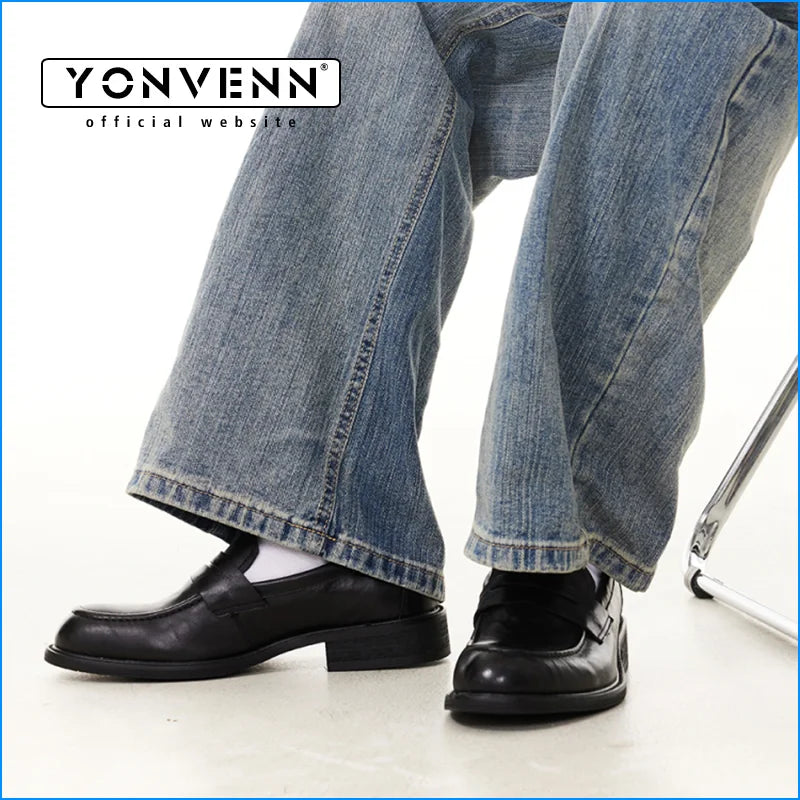 Black men's slip-in loafers with square toe, genuine cowhide leather, classic derby style, suitable for formal and commuting wear.
