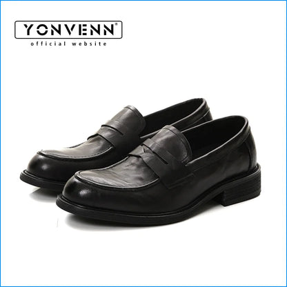 Elegant black men's slip-in loafers with square toe, genuine cowhide leather, ideal for formal and commuting wear.