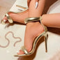 Elegant high-heeled gold sandals for women, perfect for weddings and banquets, featuring a simple, luxurious style.