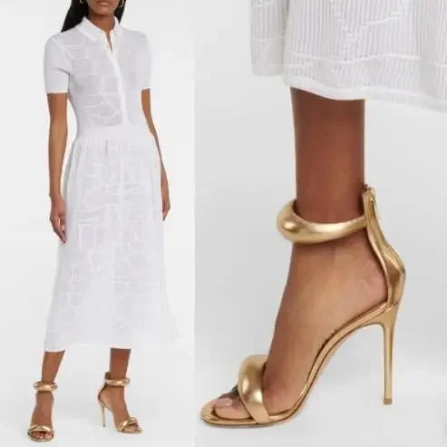Elegant gold high-heeled sandals for women, perfect for weddings and banquets, featuring a simple luxury style.
