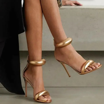 Elegant gold high-heeled sandals for women, perfect for weddings and banquets, featuring a simple, luxury style.