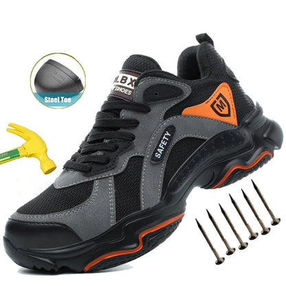 Black slip-on safety shoes for men with steel toe, anti-slip, lightweight, breathable industrial work boots with anti-shock protection.
