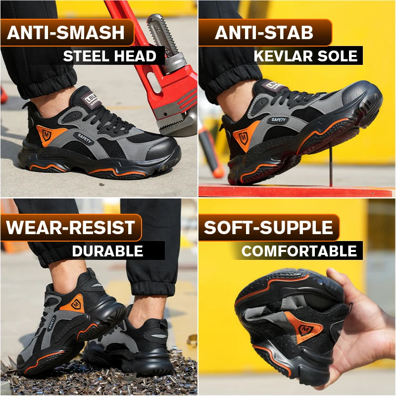 Black slip-on safety shoes for men with steel toe, non-slip, lightweight, breathable industrial work boots with anti-shock protection.