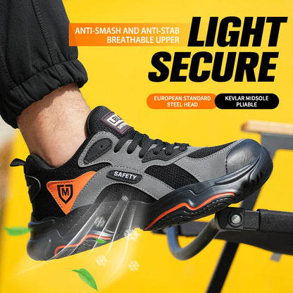 Black slip-on safety shoes for men with steel toe, non-slip, lightweight, breathable industrial work boots with anti-shock protection.