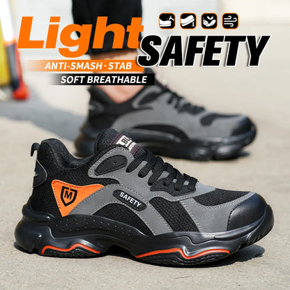 Black slip-on safety shoes for men with steel toe, non-slip, lightweight, breathable, anti-shock industrial work boots.