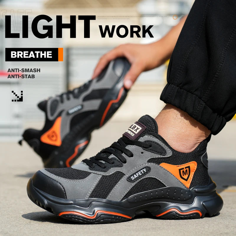 Black slip-on safety shoes for men with steel toe, non-slip, lightweight, breathable industrial work boots with anti-shock protection.