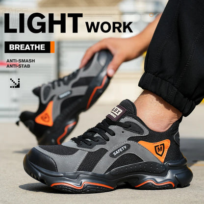 Black slip-on safety shoes for men with steel toe, non-slip, lightweight, breathable industrial work boots with anti-shock protection.