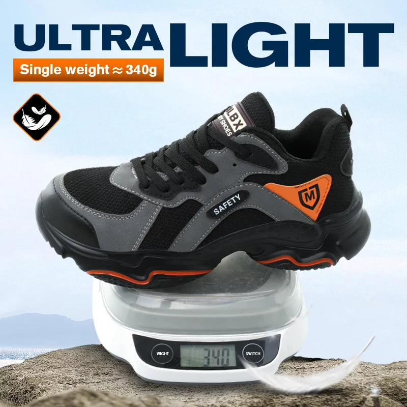 Black slip-on safety shoes for men with steel toe, non-slip, lightweight, breathable industrial work boots with anti-shock protection.