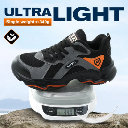 Black slip-on safety shoes for men with steel toe, non-slip, lightweight, breathable industrial work boots with anti-shock protection.