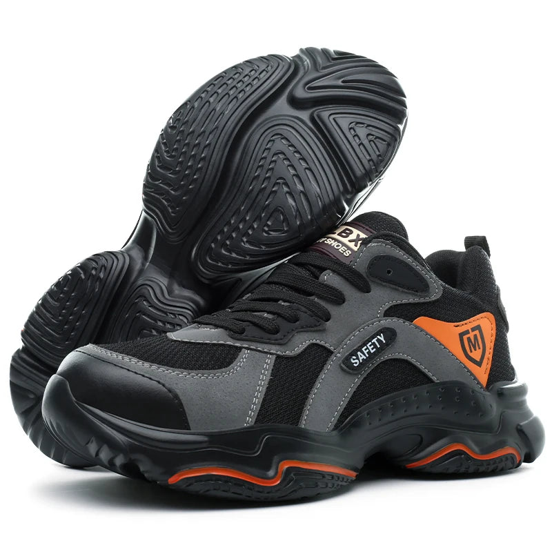 Black slip-on safety shoes for men with steel toe, non-slip, lightweight, breathable, anti-shock industrial work boots.