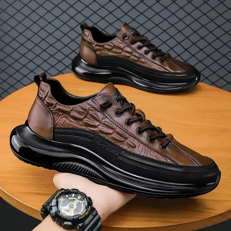 Black crocodile print leather casual sneakers for men with retro design, summer platform slip-on walking shoes.