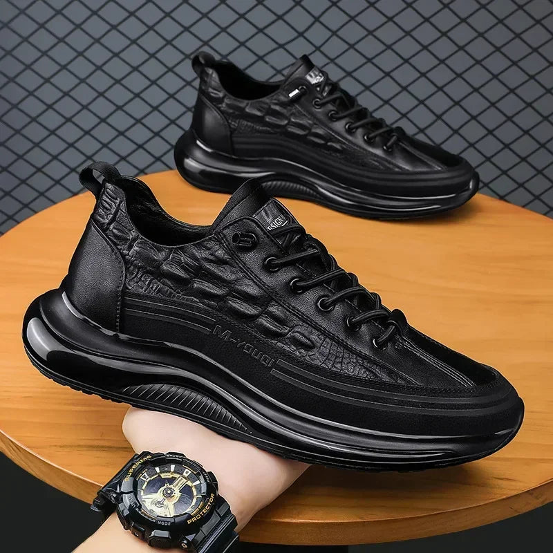 Black crocodile print leather casual sneakers for men, retro design, slip-on platform shoes for summer walking comfort.