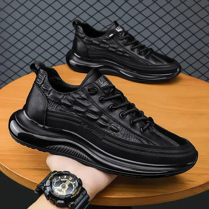 Black crocodile print leather casual sneakers for men, retro design, slip-on platform shoes for summer walking comfort.
