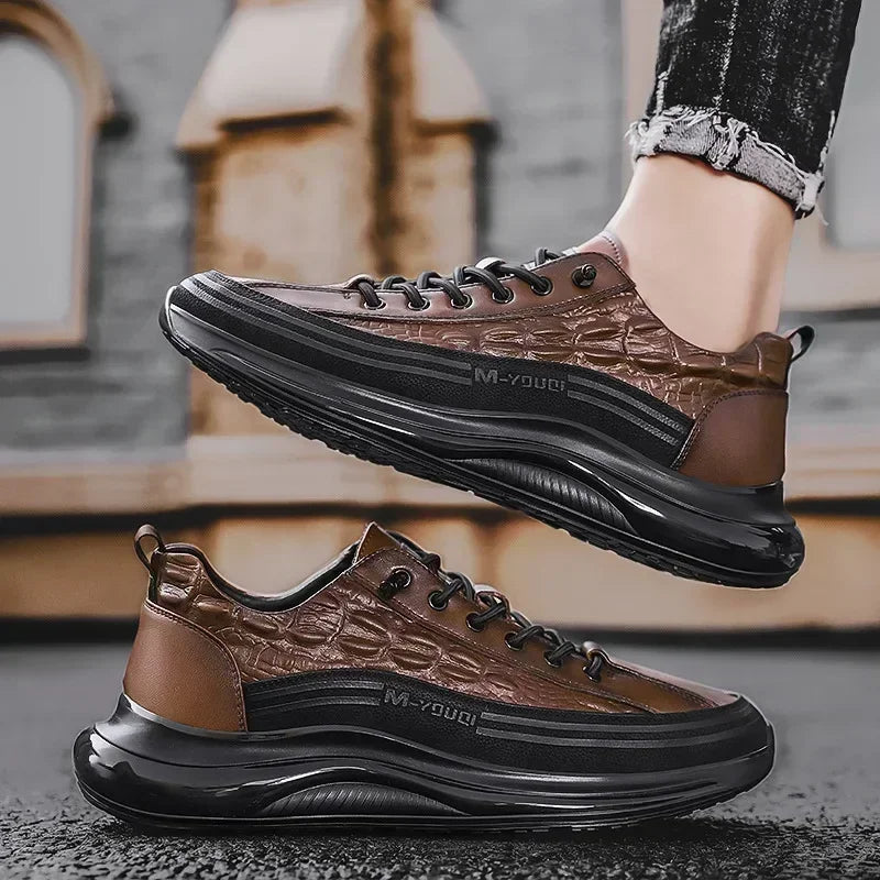 Black crocodile print leather men's casual sneakers with retro design, platform sole, slip-on style, ideal for summer walking.