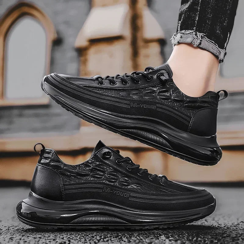Black crocodile print leather casual sneakers for men with retro design, summer platform slip-on walking shoes, men's tennis shoes