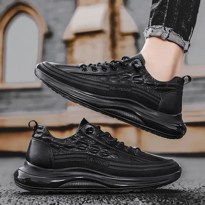 Black crocodile print leather casual sneakers for men with retro design, summer platform slip-on walking shoes, men's tennis shoes