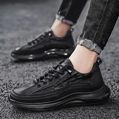 Black crocodile print leather casual sneakers for men with retro design, summer platform, slip-on style, suitable for walking.