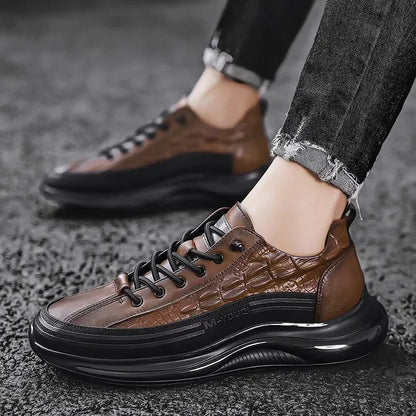 Black crocodile print leather men's casual sneakers with retro design, platform sole, slip-on style, suitable for summer walking.