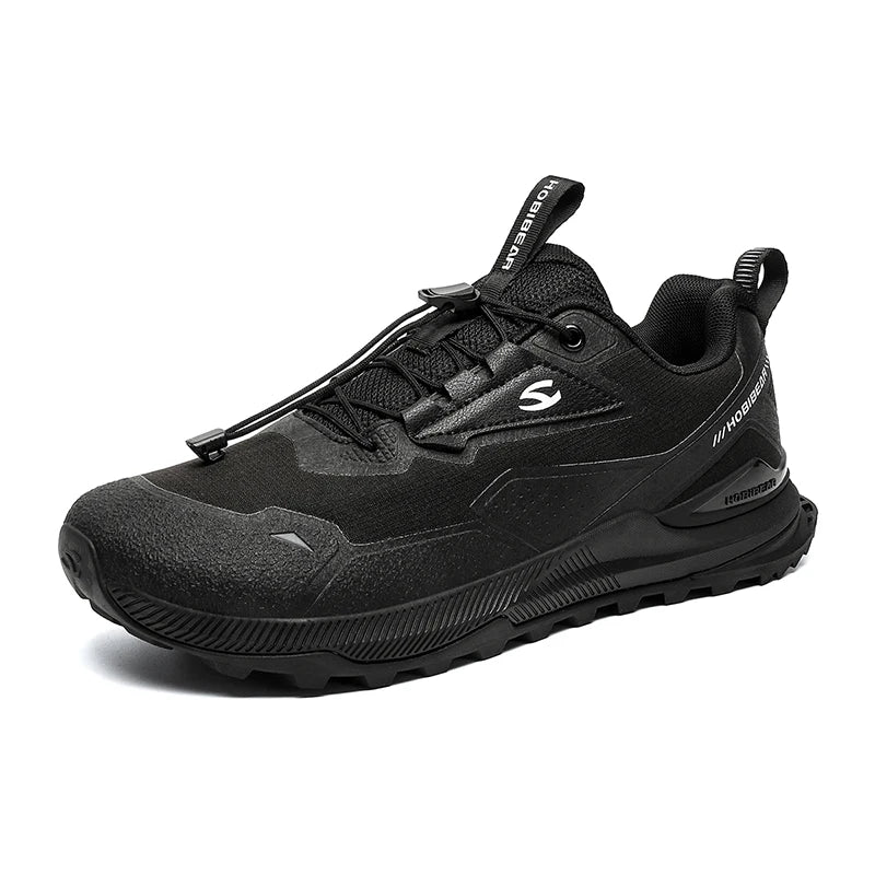 Black HOBIBEAR unisex running shoes with elastic band, lightweight and breathable hiking sneakers for casual wear.