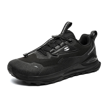 Black HOBIBEAR unisex running shoes with elastic band, lightweight and breathable hiking sneakers for casual wear.
