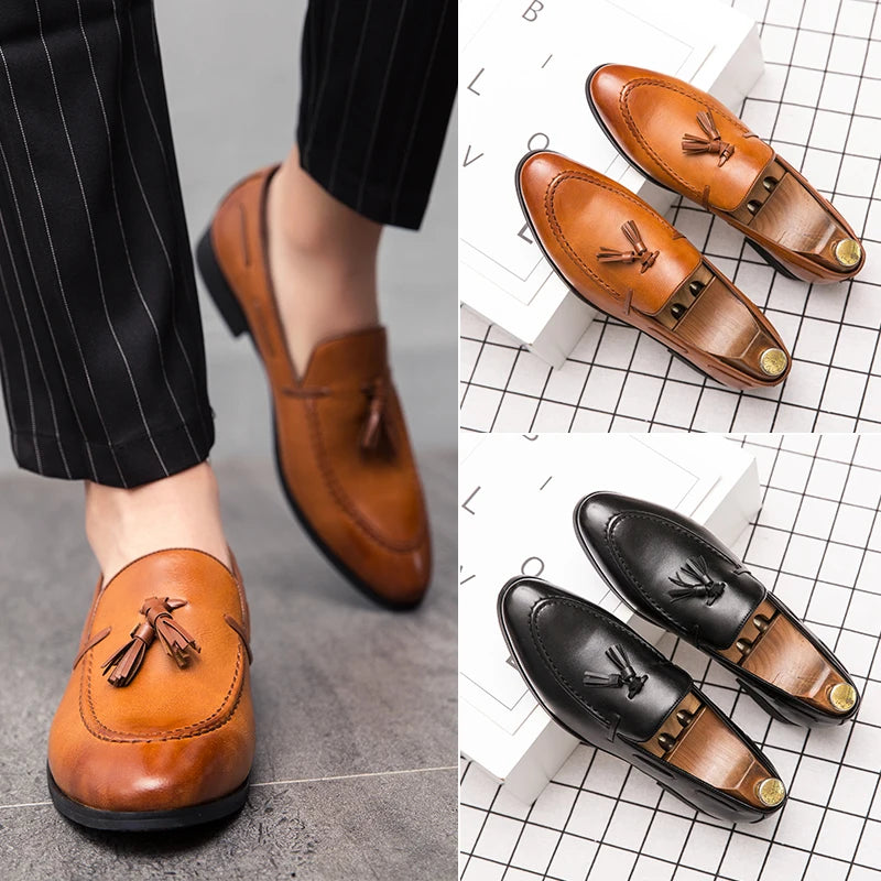 Black men's slip-on wedding loafers with tassel detailing, leather dress shoes in British formal style for men.