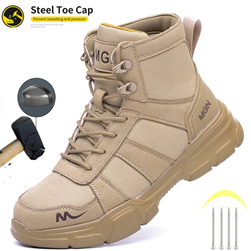 Black steel toe cap work shoes for men with protective puncture-proof safety features, construction sneakers, and durable construction shoes.