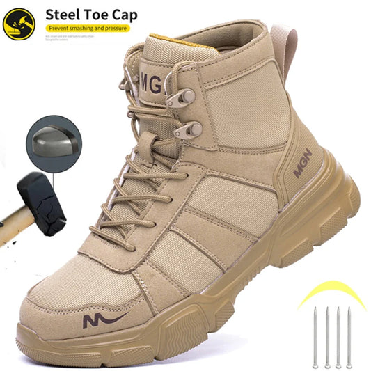 Black steel toe cap work shoes for men with protective puncture-proof safety features, construction sneakers, and durable construction shoes.