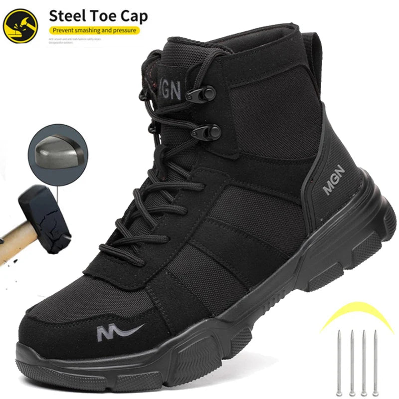 Black steel toe cap work shoes for men with protective, puncture-proof safety footwear, durable construction sneakers by BackupMyFilesNow.