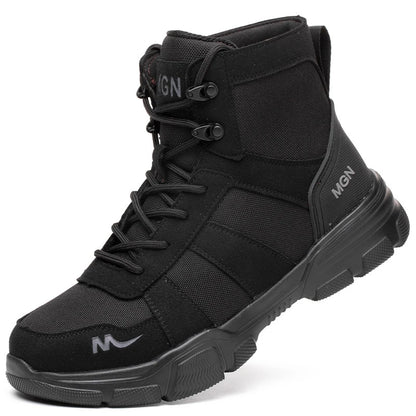 Black steel toe cap work shoes for men by BackupMyFilesNow.com, featuring protective, puncture-proof safety shoes with rugged construction.