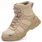 Black steel toe cap work shoes for men, durable safety boots with puncture-proof soles, ideal for construction and industrial work.