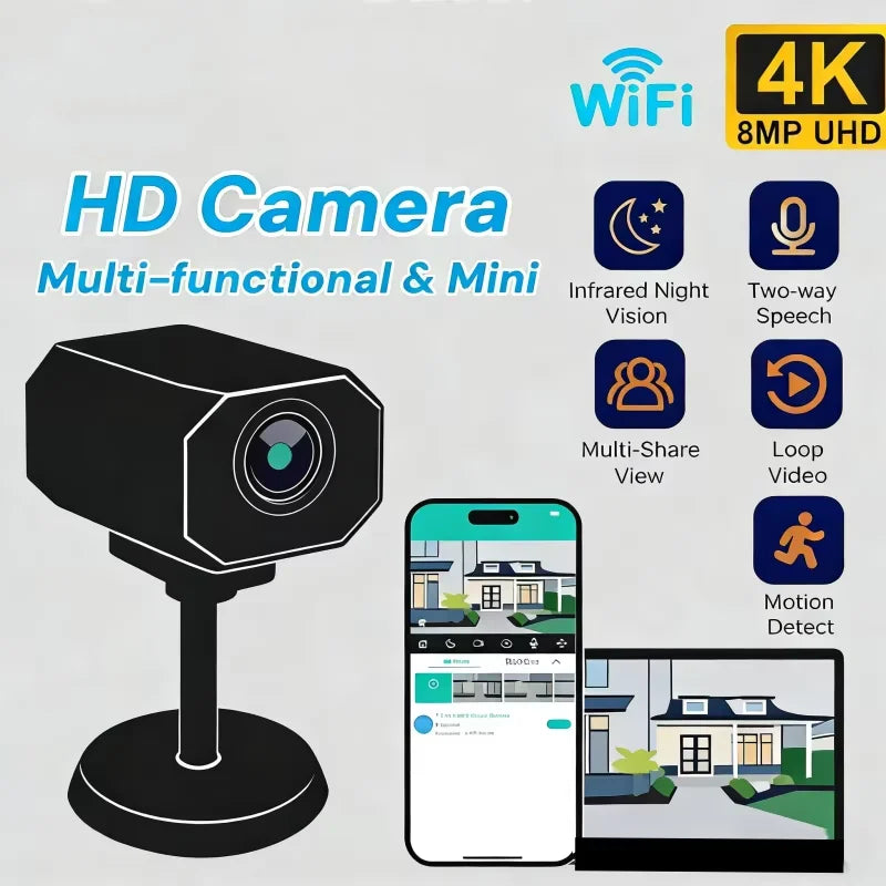 Black 4K HD WiFi security camera for home indoor surveillance with app remote monitoring, portable mini design.