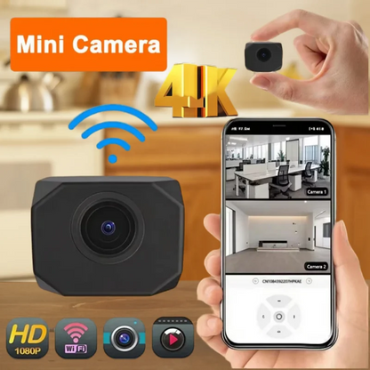 Black 4K HD WiFi security camera for home indoor surveillance, compact design with app remote monitoring from BackupMyFilesNow.