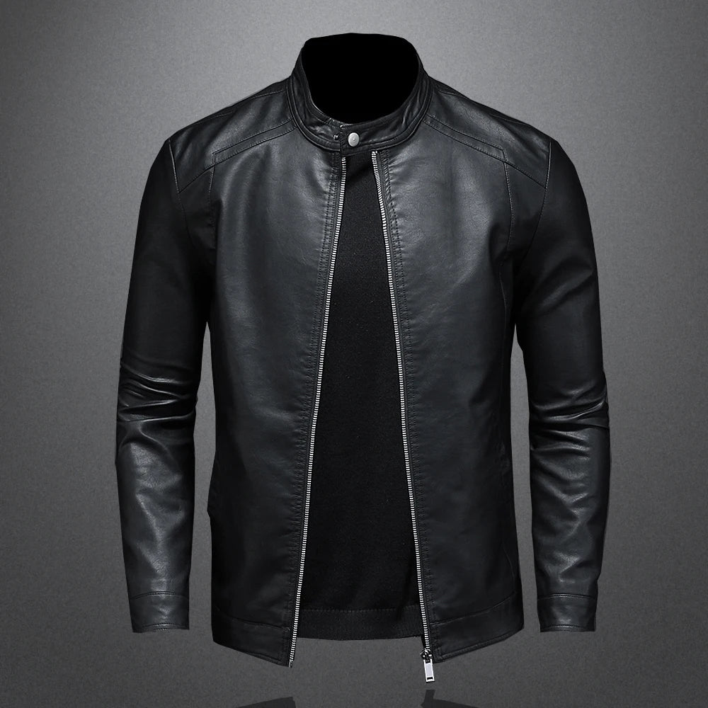 Men's black spring autumn leather motorcycle jacket with stand collar, slim fit, casual biker style, made by BACKUPMYFILESNOW.COM®