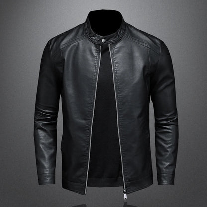 Men's black spring autumn leather motorcycle jacket with stand collar, slim fit, casual biker style, made by BACKUPMYFILESNOW.COM®