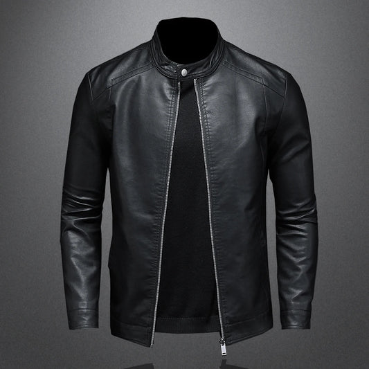 Men's black spring autumn leather motorcycle jacket with stand collar, slim fit, casual biker style, made by BACKUPMYFILESNOW.COM®