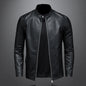 Men's black spring autumn leather motorcycle jacket with stand collar, slim fit, casual biker style, made by BACKUPMYFILESNOW.COM®