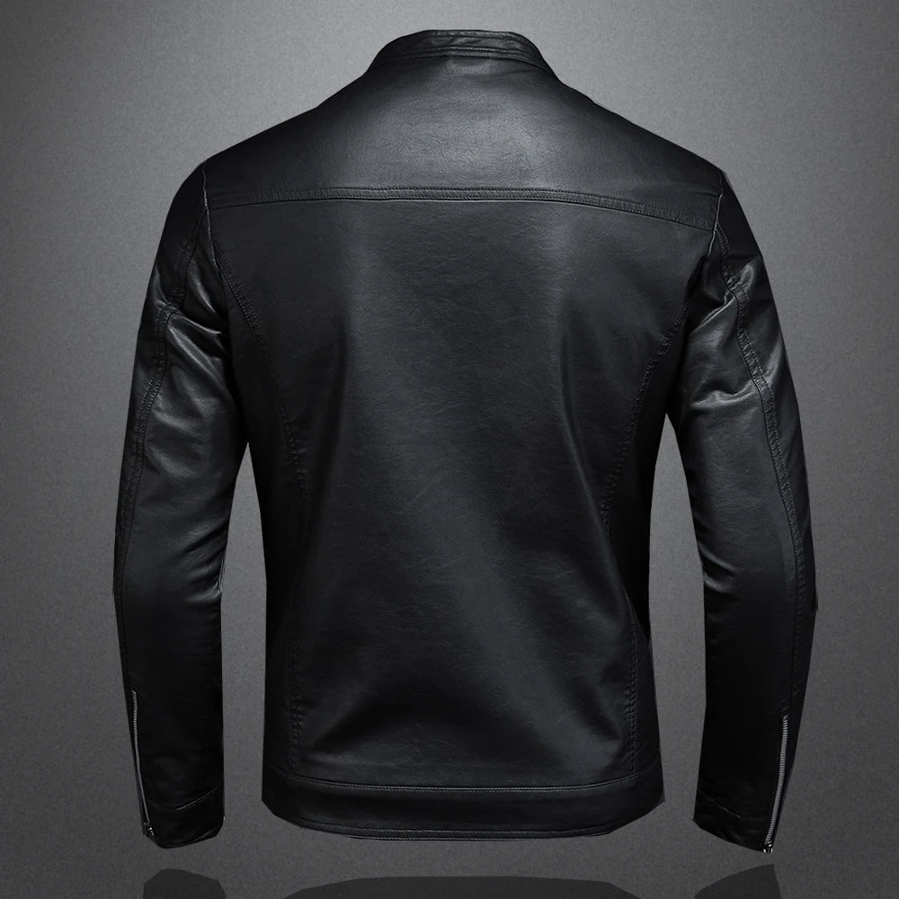 BackupMyFilesNow men's black leather motorcycle jacket with stand collar, slim fit, casual and biker style for spring and autumn.