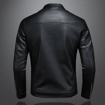 BackupMyFilesNow men's black leather motorcycle jacket with stand collar, slim fit, casual and biker style for spring and autumn.