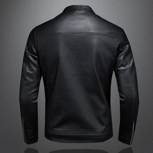 BackupMyFilesNow men's black leather motorcycle jacket with stand collar, slim fit, casual and biker style for spring and autumn.