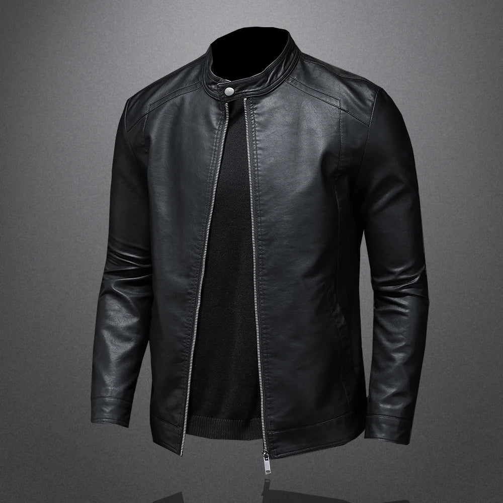 Black men's spring and autumn leather motorcycle jacket with stand collar, slim fit, casual and biker style by BACKUPMYFILESNOW.COM®