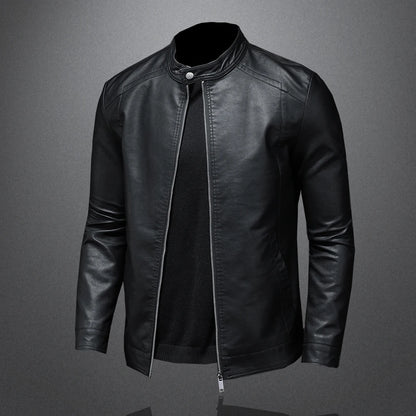 Black men's spring and autumn leather motorcycle jacket with stand collar, slim fit, casual and biker style by BACKUPMYFILESNOW.COM®