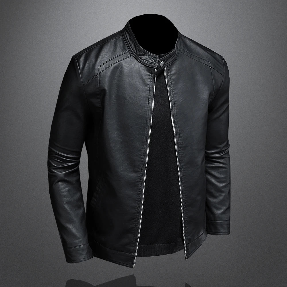 Black men's leather motorcycle jacket with stand collar, slim fit, casual style, made of PU leather, suitable for spring and autumn.