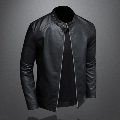 Black men's leather motorcycle jacket with stand collar, slim fit, casual style, made of PU leather, suitable for spring and autumn.