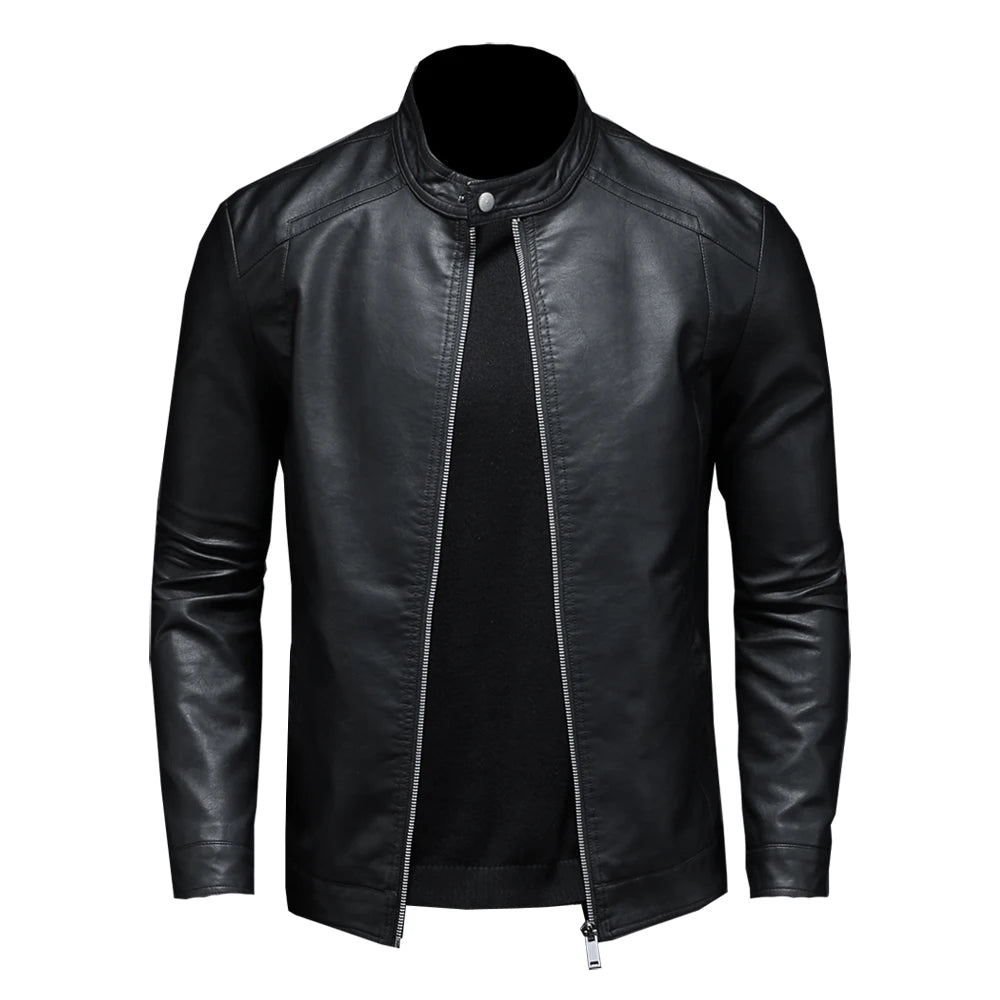 Black men's spring autumn leather motorcycle jacket with stand collar, slim fit, casual biker style, from BACKUPMYFILESNOW.COM®.