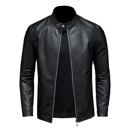 Black men's spring autumn leather motorcycle jacket with stand collar, slim fit, casual biker style, from BACKUPMYFILESNOW.COM®.